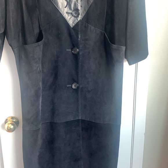 Vintage Black Suede and Leather Full Length Coat Leather Ribbon Detail - Picture 7 of 14